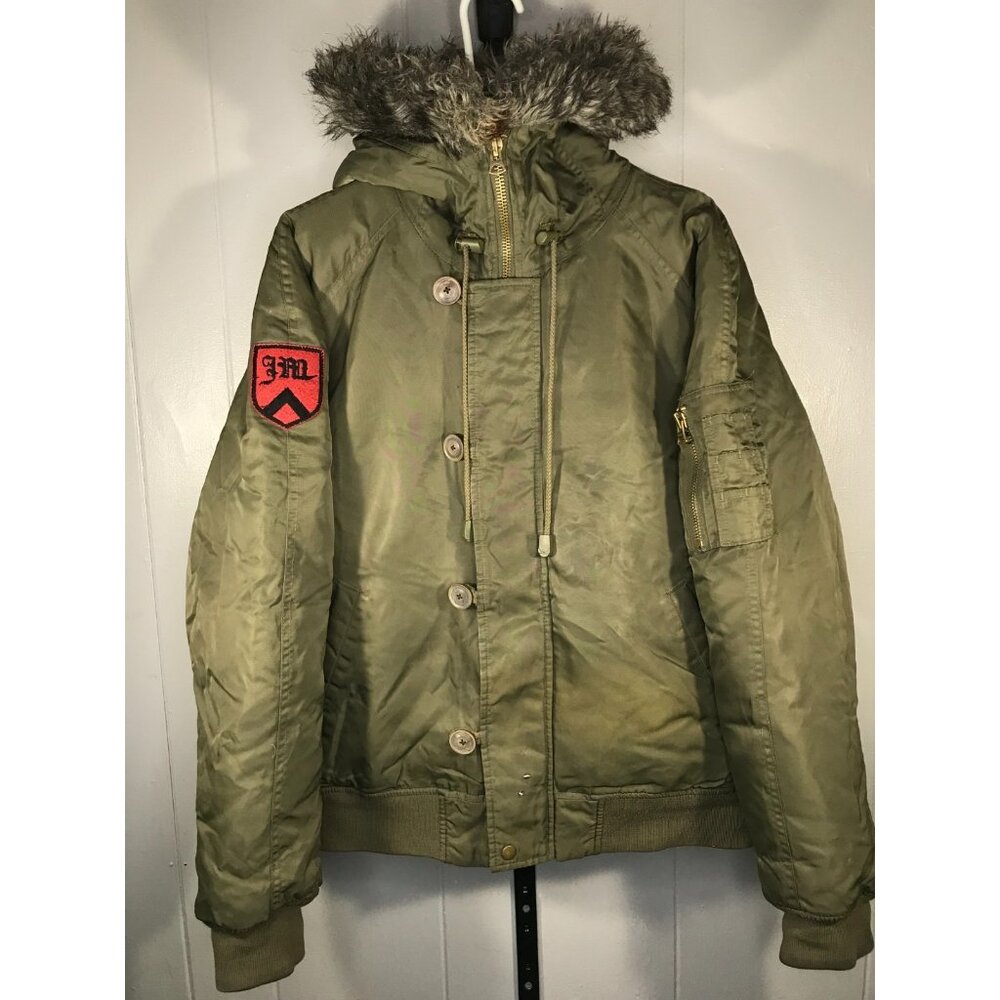 Vintage Y2K Faux Fur Juicy Couture Green Military Flight Down Puffer Jacket XL